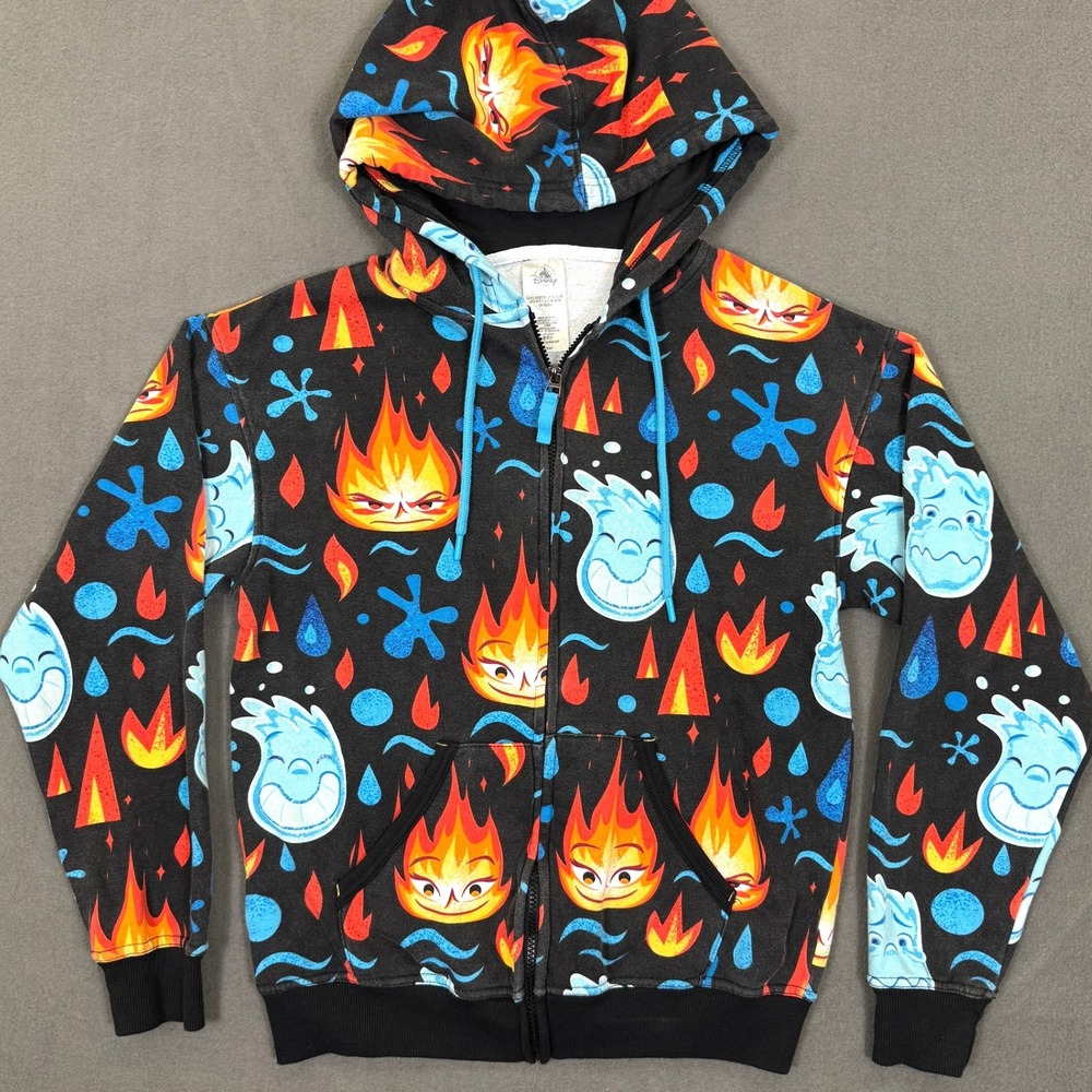 Disney Elemental Hoodie Women XS Black Pixar Ember Wade Zip Up All Over Print